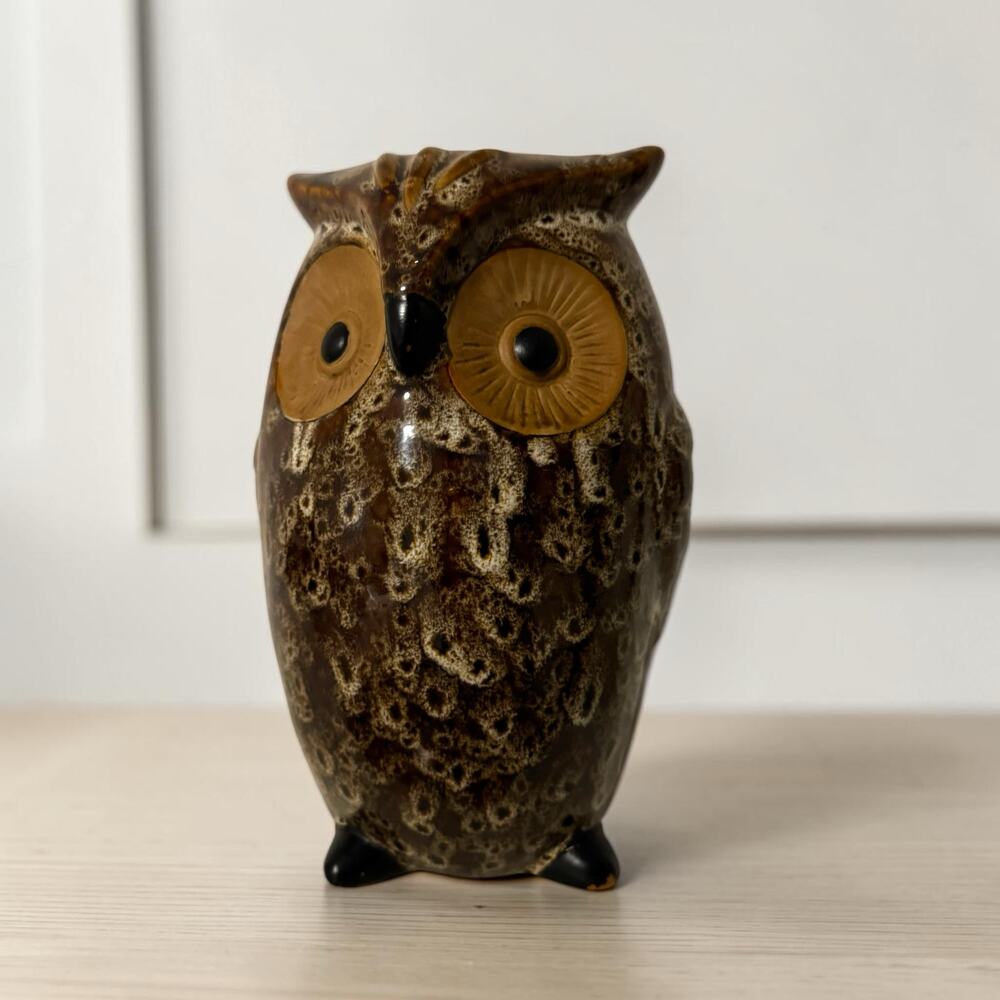 Vintage Ceramic Owl Vase Brown Drip Glaze 1970s Boho Decor